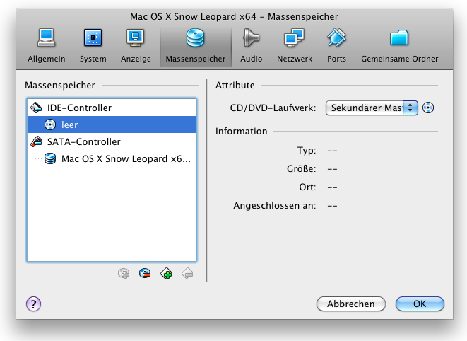VirtualBox - Einstellung - Massenspeicher - Mac OS X Snow Leopard 10.6