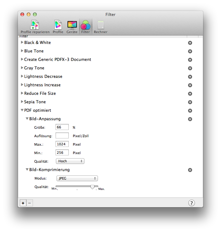 Mac OS - PDF Dateien verkleinern - Filtereinstellung