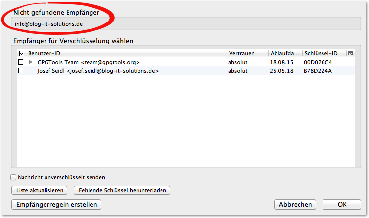 Mac OS - E-Mail Verschlüsselung in Thaunderbird - Fehlender Schlüssel