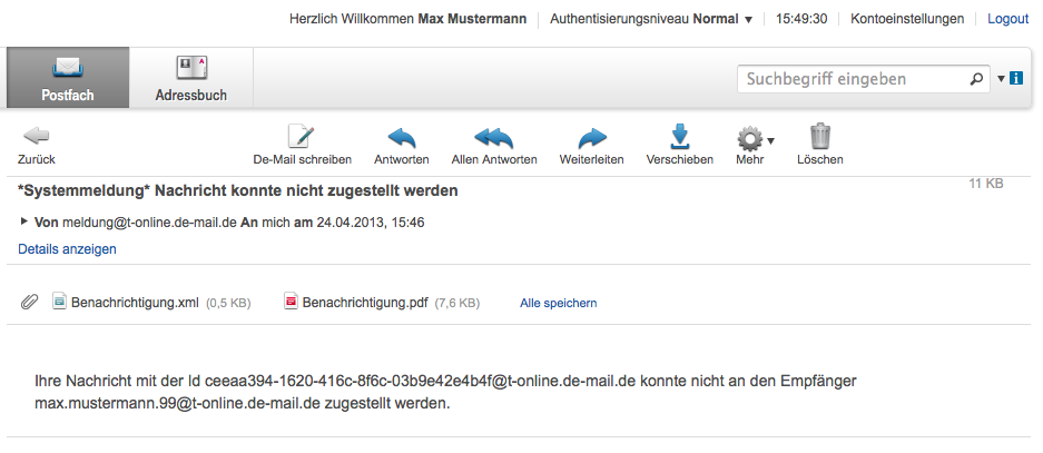De-Mail der Deutschen Telekom im Detail - De-Mail Fehlermeldung