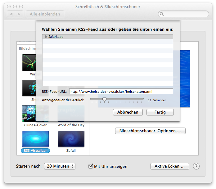 Mac OS Mountain Lion - RSS Bildschirmschoner aktivieren - Heise RSS