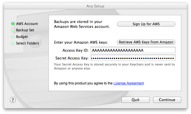 Mac OS – Datensicherung mit Amazon S3 - Arq AWS Zugang