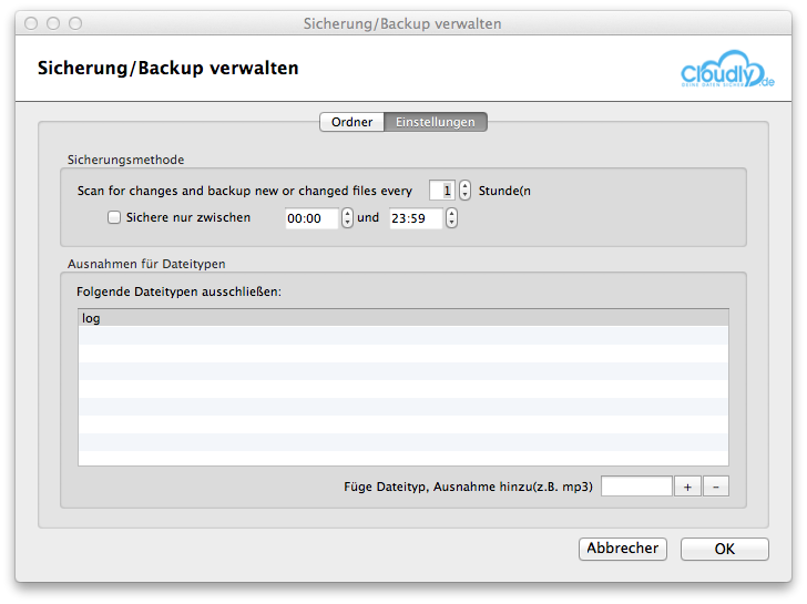 Online-Backup mit Cloudly unter Windows und Mac OS - Sicherung Einstellungen