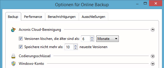 Online-Backup mit Acronis unter Windows 8 - Optionen Bereinigung