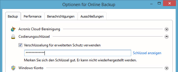 Online-Backup mit Acronis unter Windows 8 - Optionen Verschlüsselung