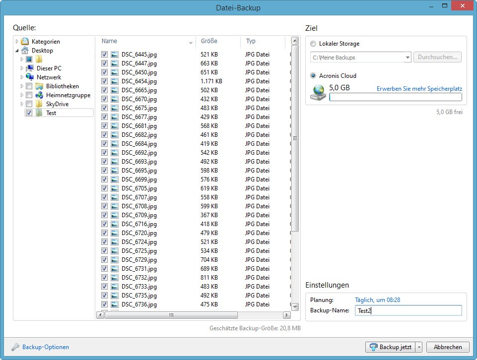 Online-Backup mit Acronis unter Windows 8 - Datenauswahl