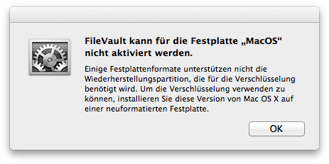 Mac OS Mavericks - FileVault kann für die Festplatte nicht aktiviert werden