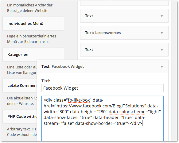 Facebook Like Box in WordPress richtig als Widget einbinden - Text-Widget