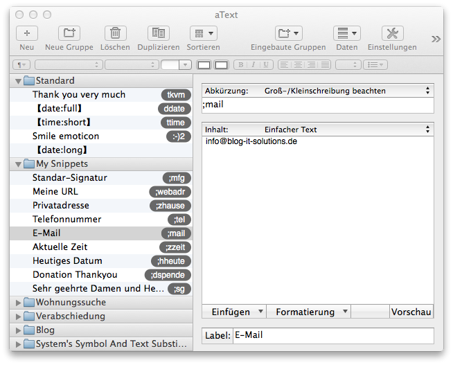 Mac OS - Textbaustein Programme - aText