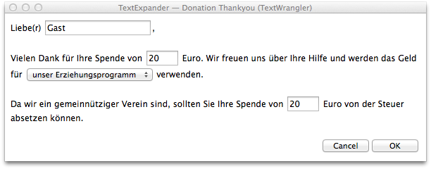 Mac OS - Textbaustein Programme - TextExpander Formular