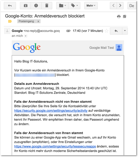 Gmail in Thunderbird mit IMAP einrichten - Anmeldeversuch blockiert
