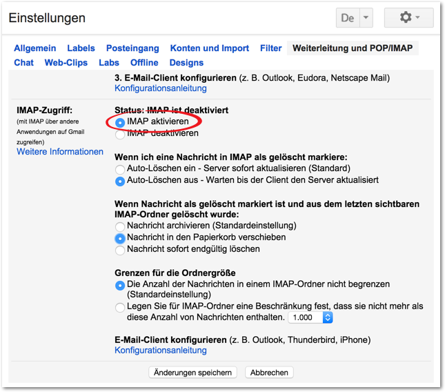 Gmail in Thunderbird mit IMAP einrichten - IMAP aktivieren