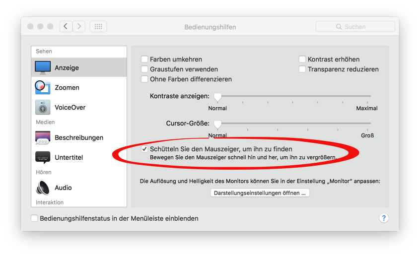 Mac OS El Capitan - Mauszeiger ändert / vergrößert sich selbstständig - Bedienungshilfe